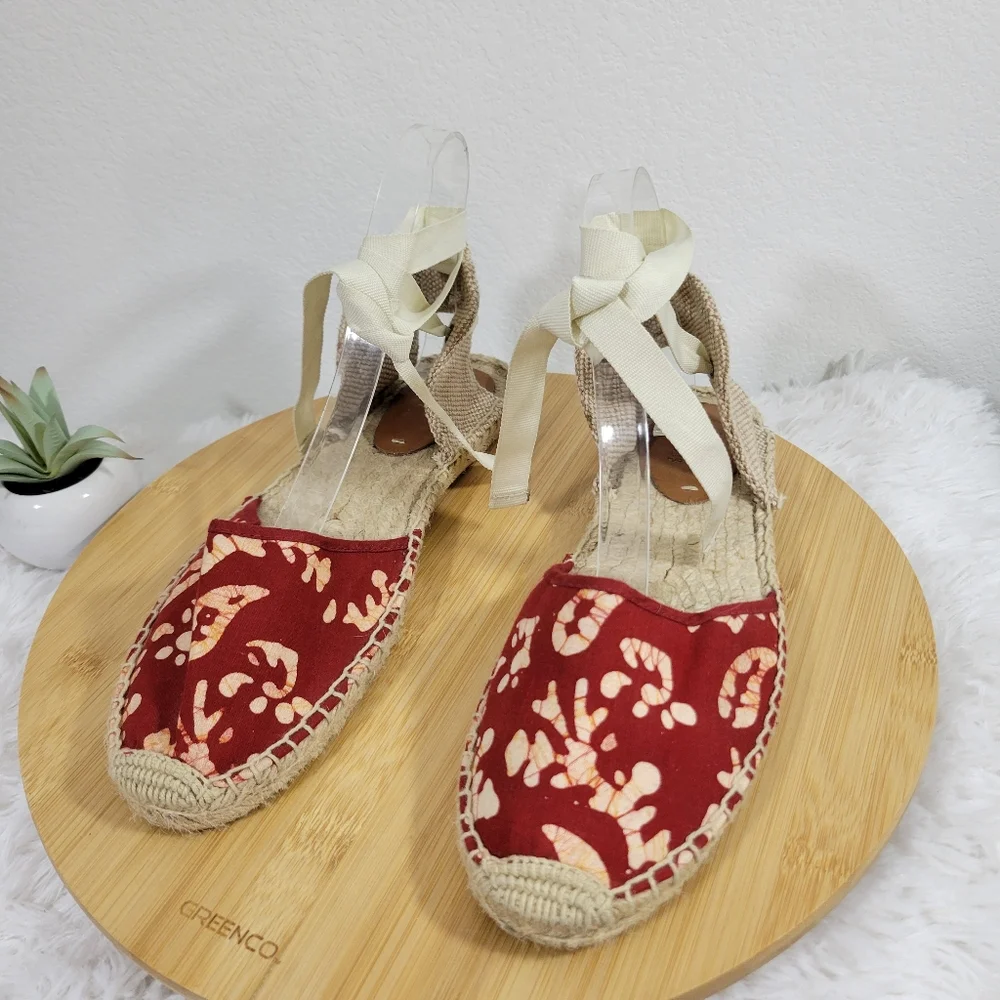 SOLUDOS x WREN Batik red ankle tie open heel boho summer espadrille sandals